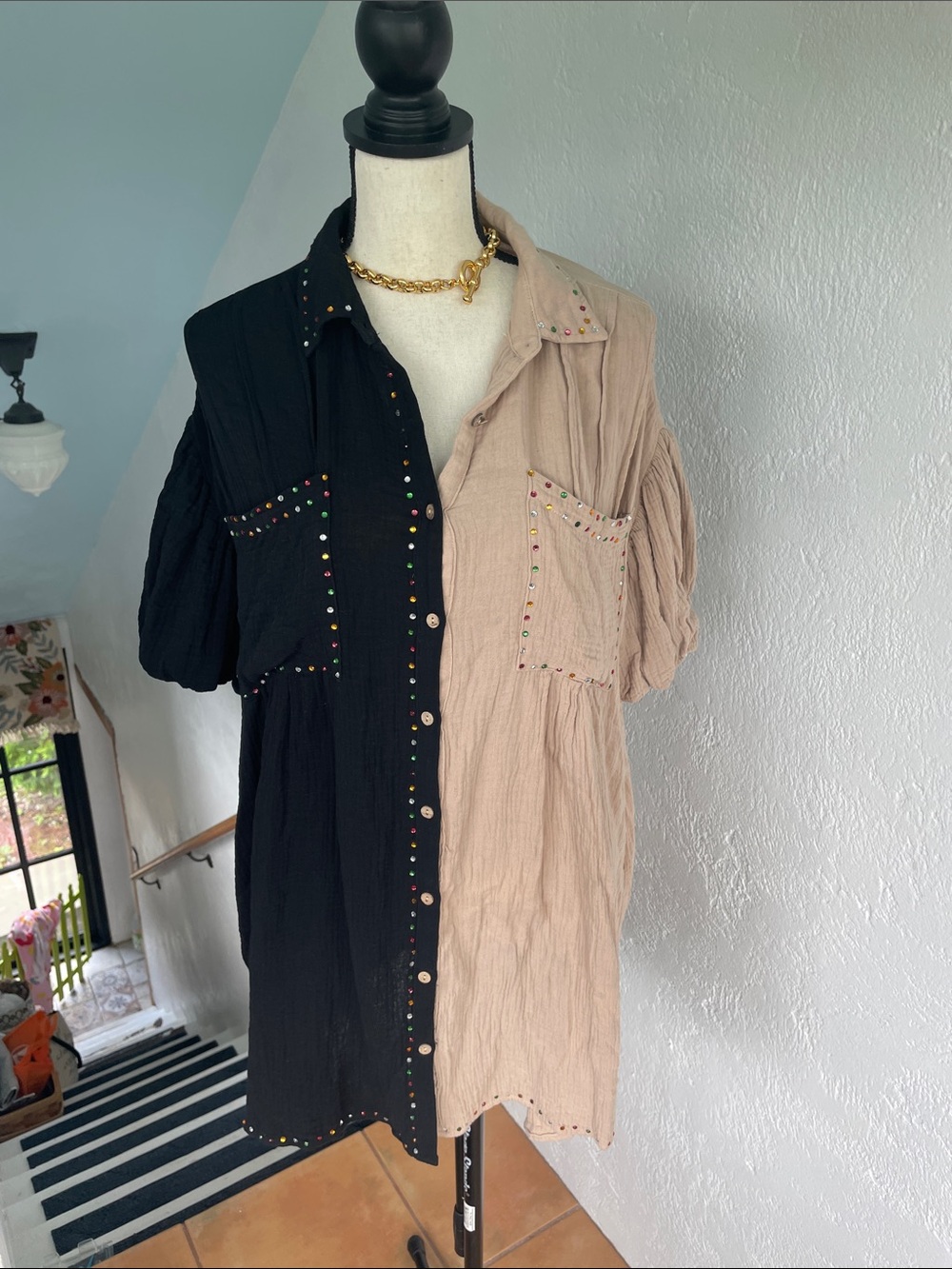 Peach Love California Two-Tone Black & Beige Studded Button-Up Blouse